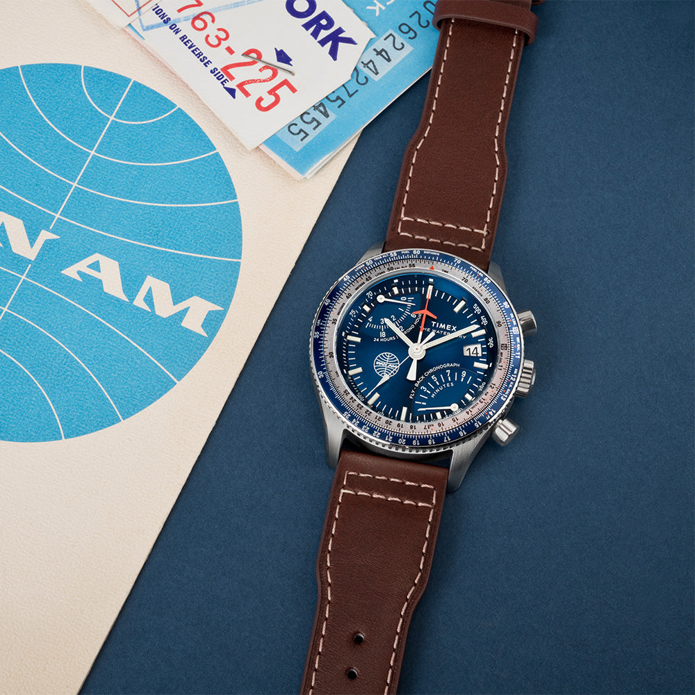 Timex Backing Timex Fly Back Chronograph x Pan Am 43mm Leather Band – Timex Philippines