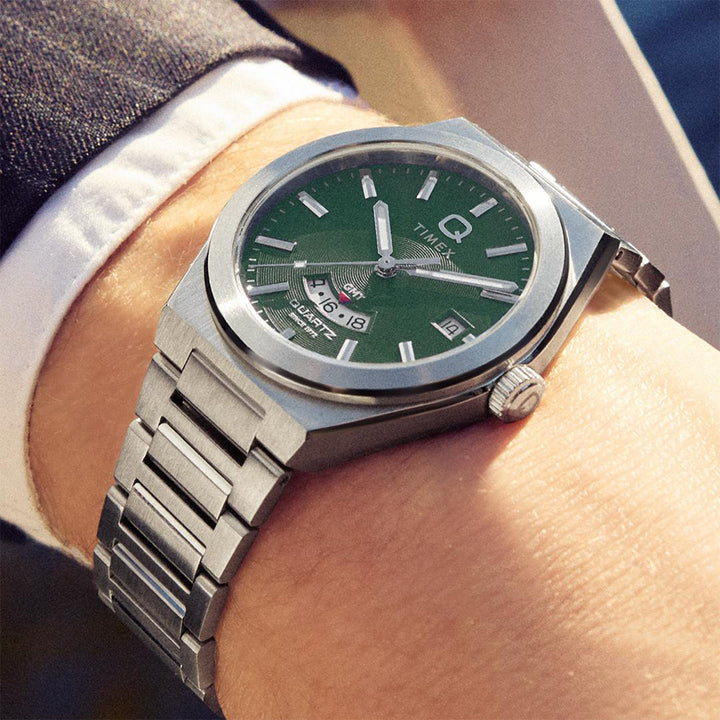 Q Timex Continental Gmt 39mm Stainless Steel Band